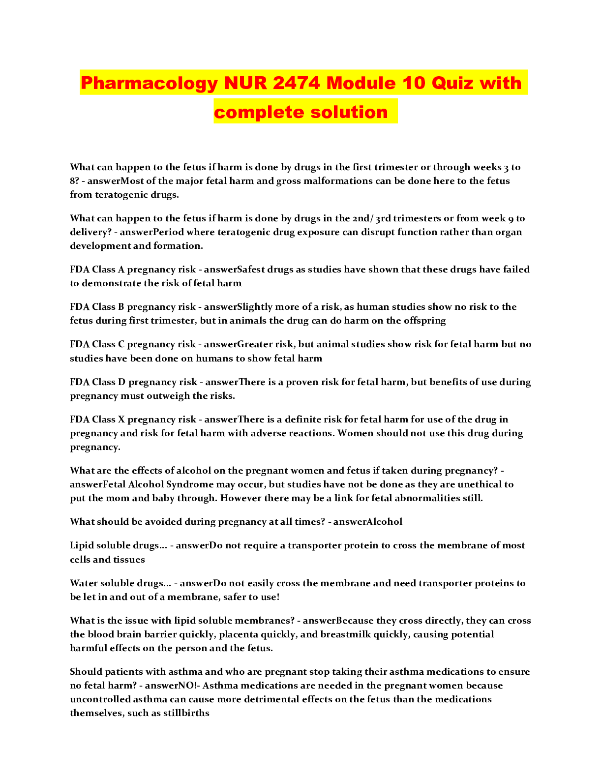Preview image of Pharmacology NUR 2474 Module 10 Quiz with complete solution document